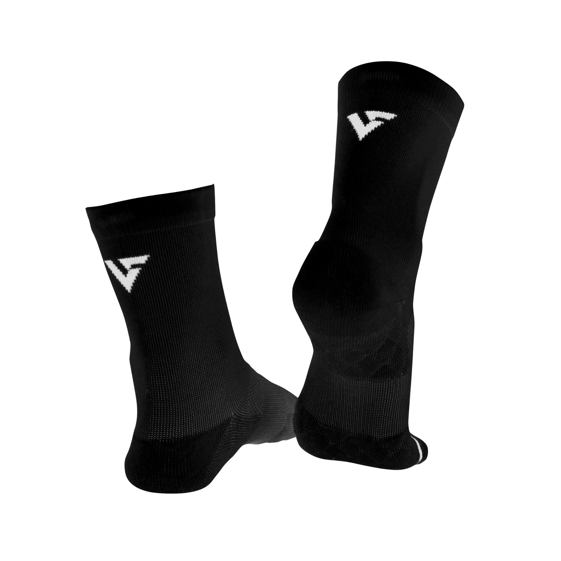 Pair of Precision Velocity Performance Crew Socks for adults, showing the black and white athletic sock design with branding details.