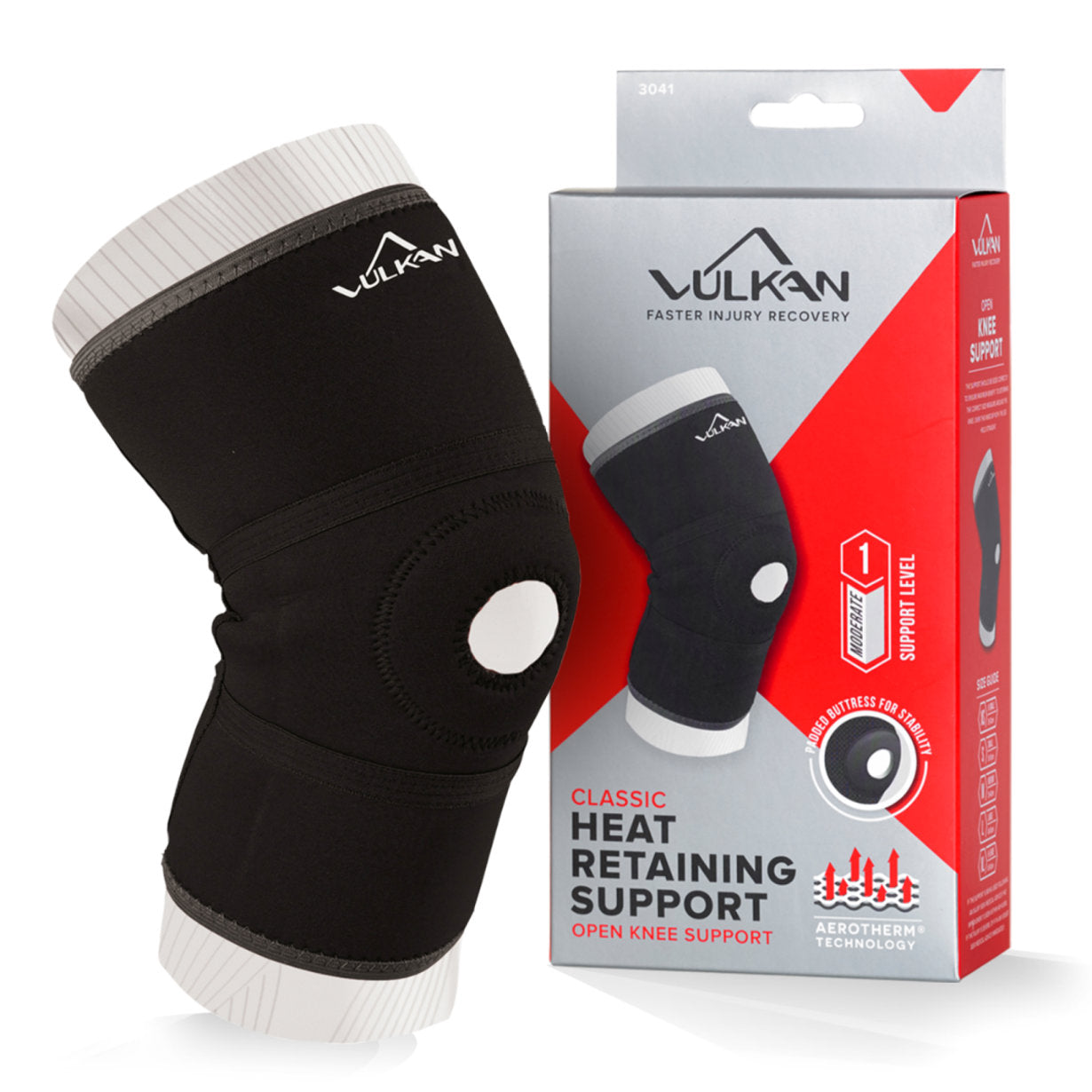 Vulkan Blue Neoprene Open Knee Support, medical support brace with open patella design, adjustable straps, and reinforced edges.