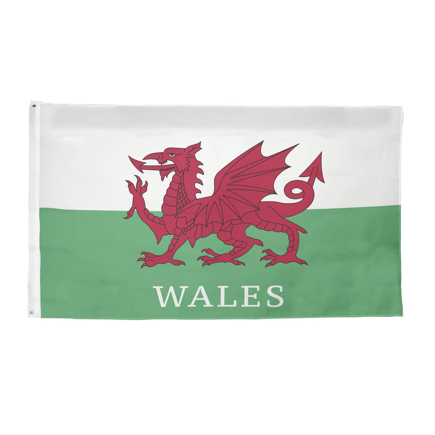 Wales flag measuring 5ft by 3ft, sporting goods merchandise from Team Merchandise, featuring red dragon on green and white background.