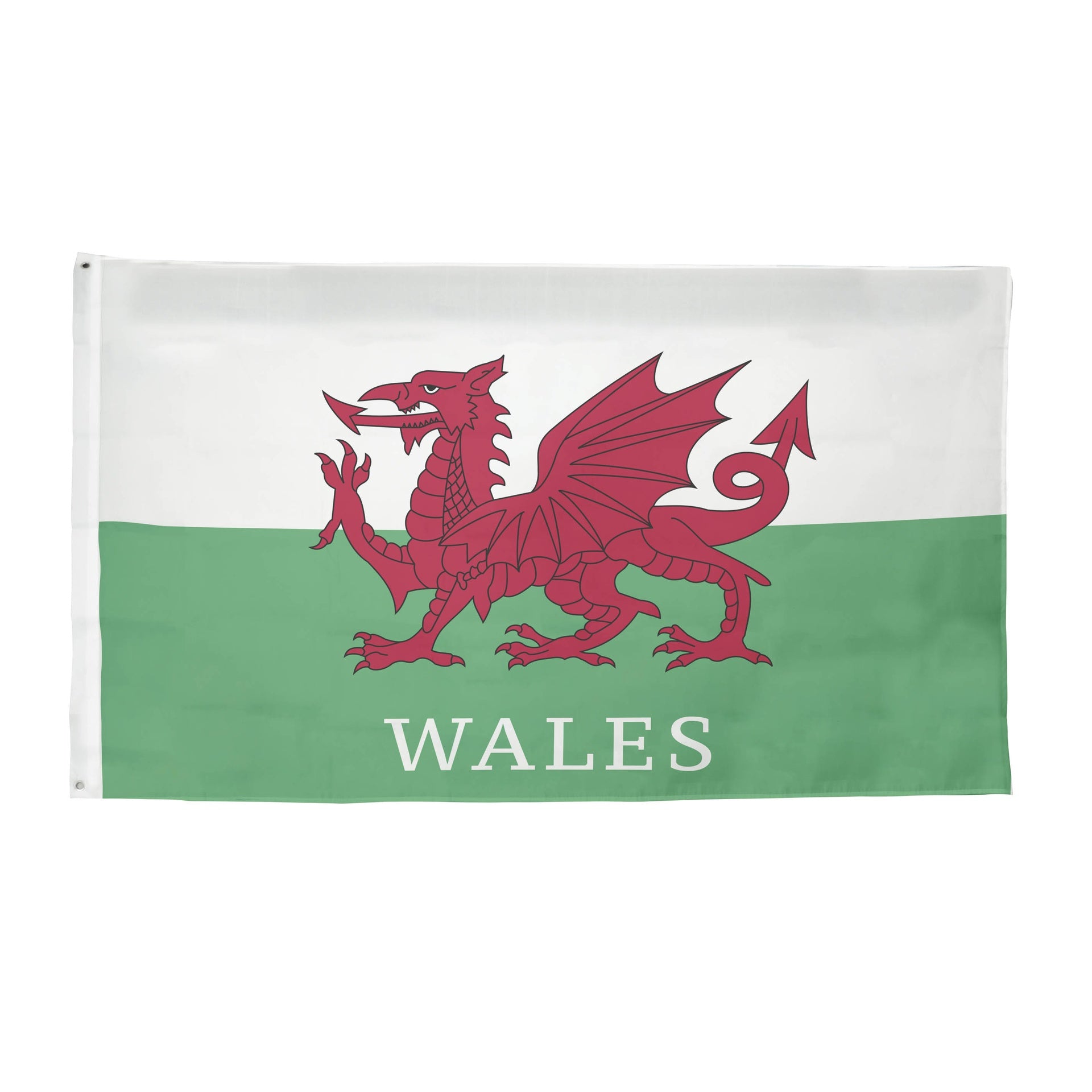 Wales national flag, 5ft by 3ft Team Merchandise sporting goods flag displayed on a pole, vibrant red and green colors.