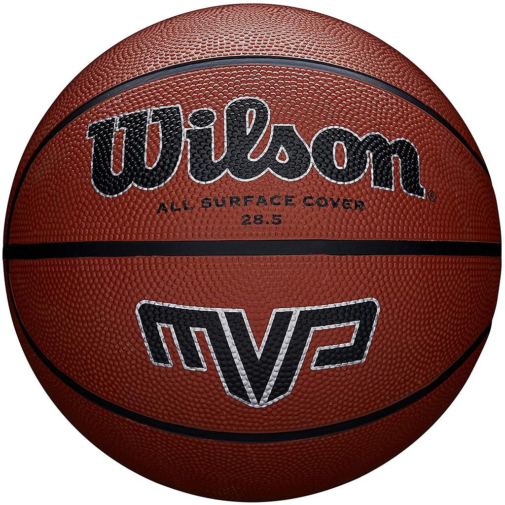 Wilson MVP basketball with orange and black design, featuring textured surface and Wilson branding for indoor and outdoor play.