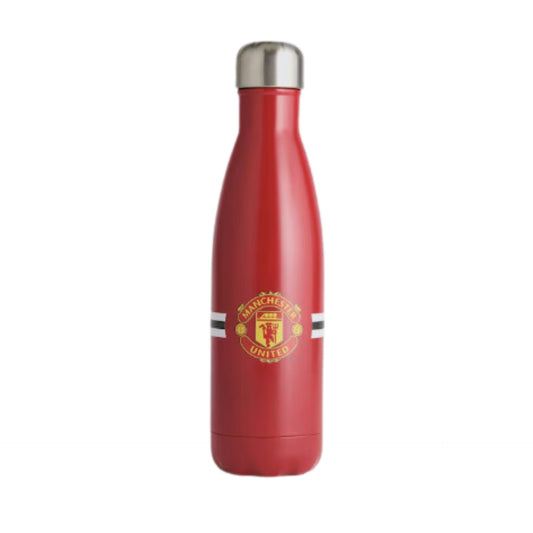 Manchester United Core Stripe Chill Bottle by Foco, sporting goods, with red and black striped design and logo on a white background.