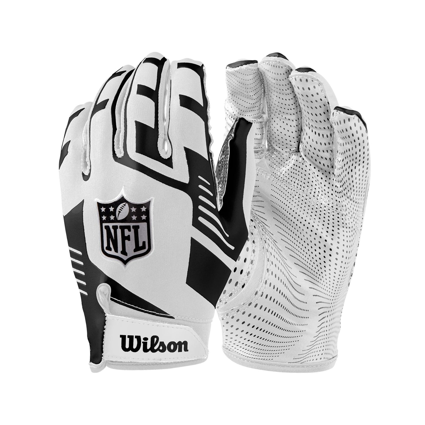Wilson NFL stretch fit receivers gloves with textured palms for enhanced grip, designed for football players.