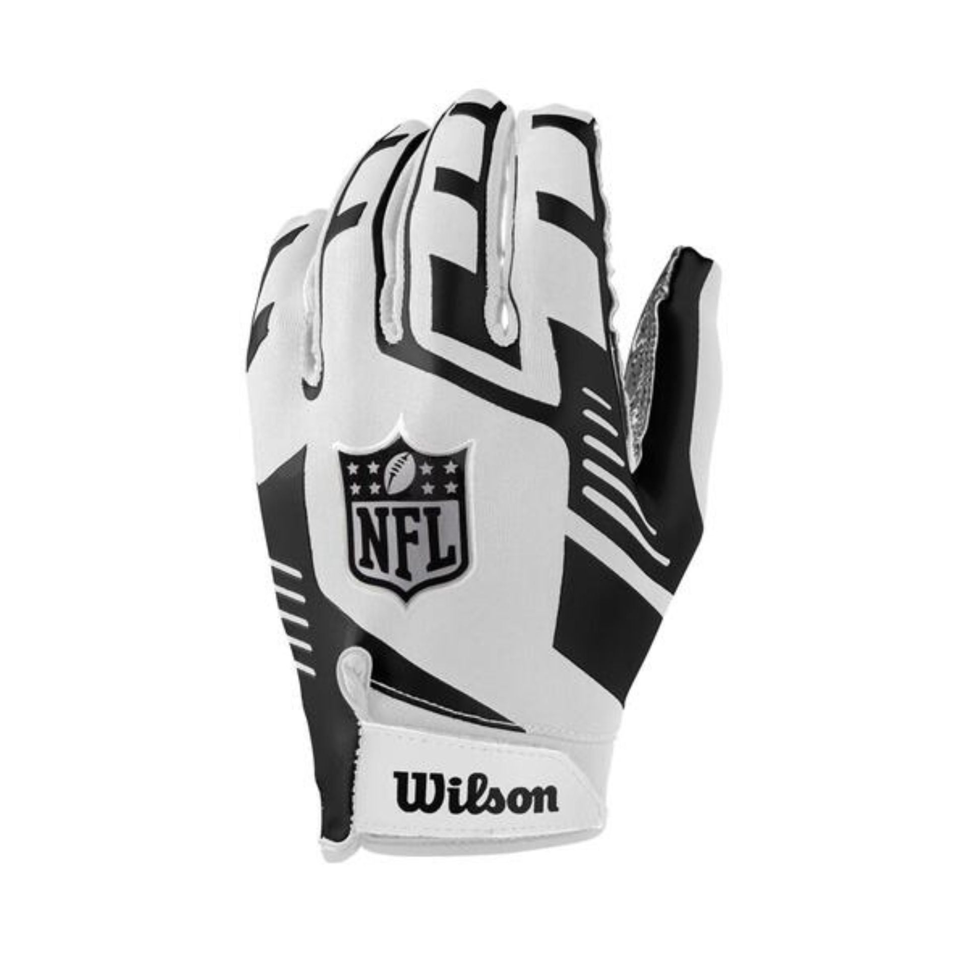 Wilson NFL stretch fit receivers gloves with grip-enhancing palms and snug fit, designed for football catching and play.