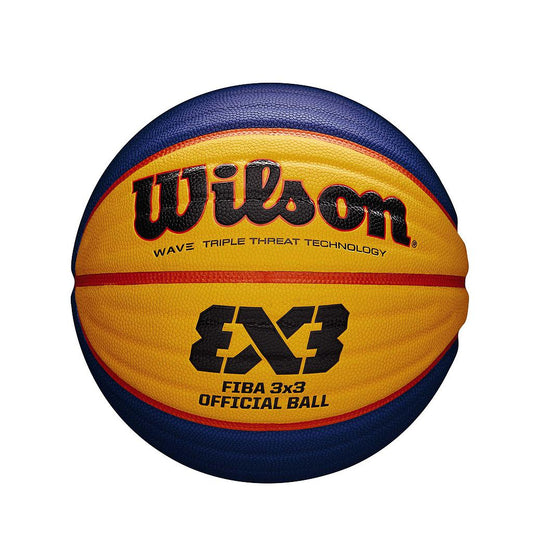 Wilson FIBA 3X3 official game basketball with textured surface and bold branding, designed for competitive 3x3 basketball games.