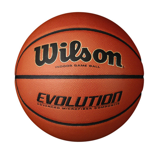 Wilson Evolution basketball with textured surface and black and gold design, ideal for indoor basketball games.