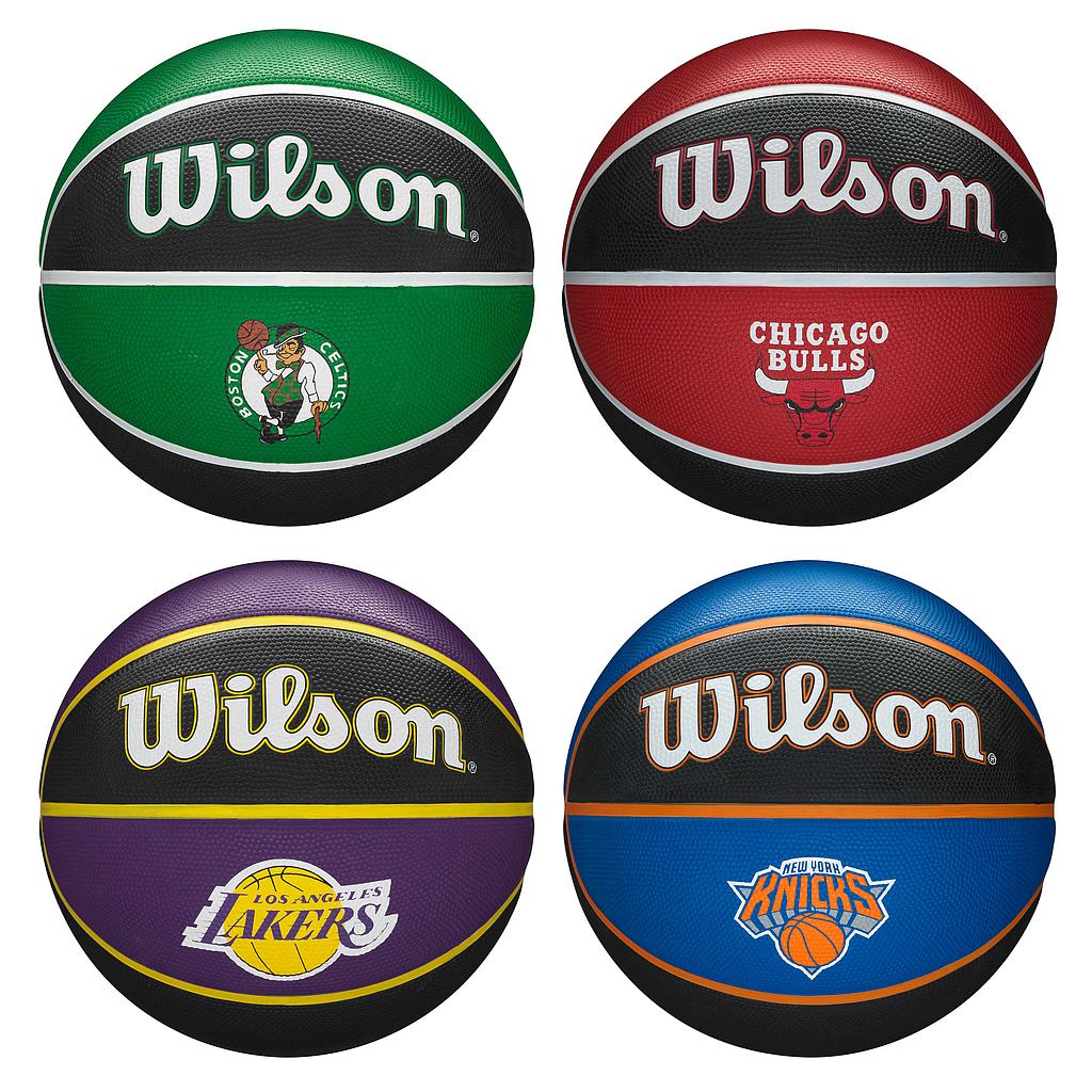 Wilson NBA Team Tribute Basketball with team logo and vibrant orange surface, designed for indoor and outdoor play.