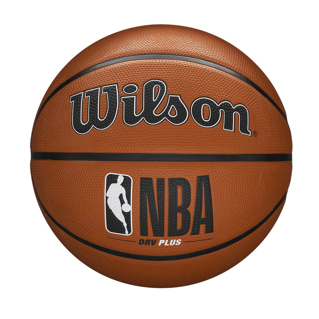 Wilson NBA DRV Plus basketball showing textured orange surface with black lines and Wilson branding for sporting goods.