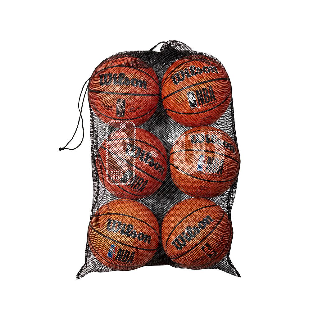 Wilson NBA 6 basketball mesh bag with black straps and large mesh compartments for easy storage and transport of basketballs.