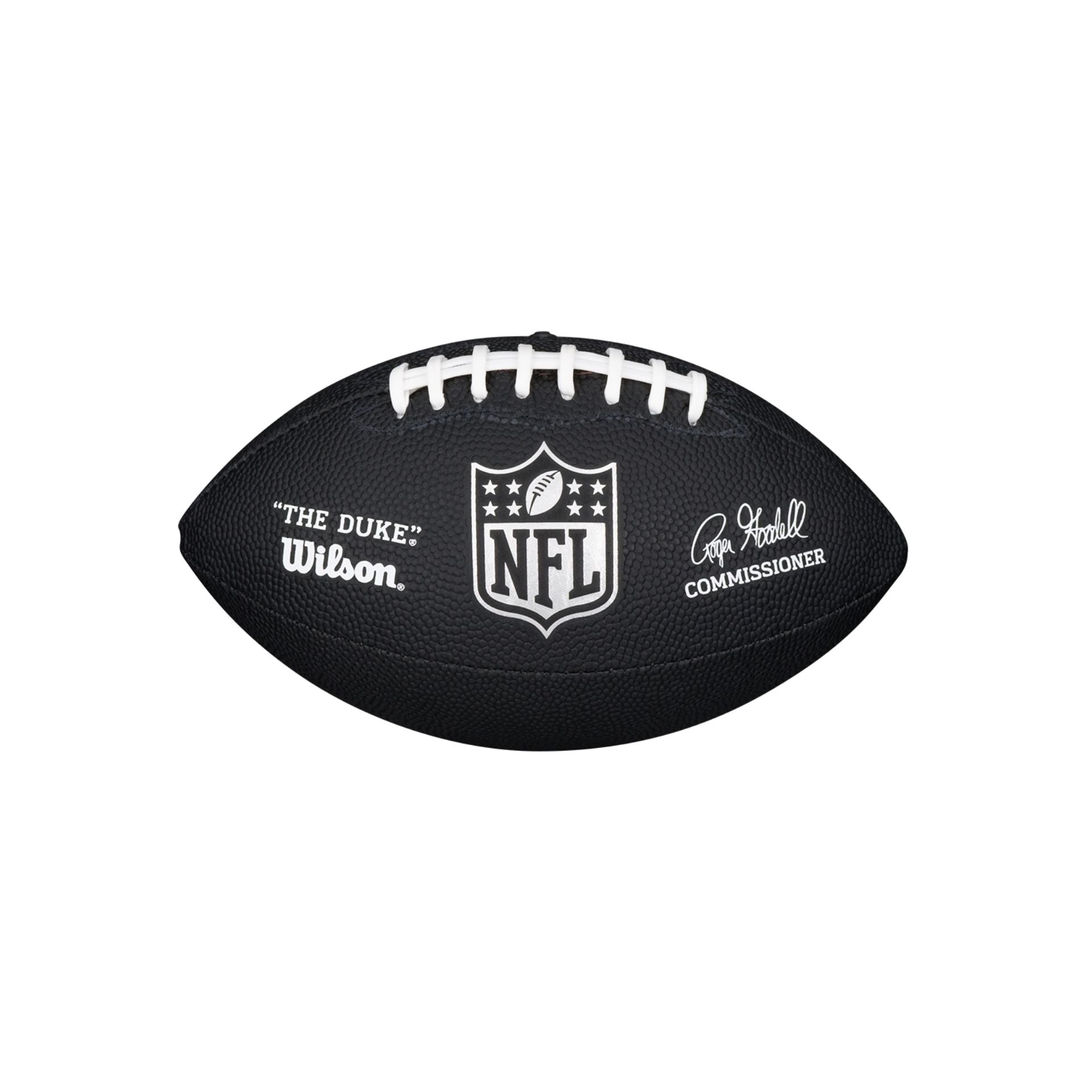 Wilson NFL Duke replica American football with black panel, textured surface, and detailed stitching.