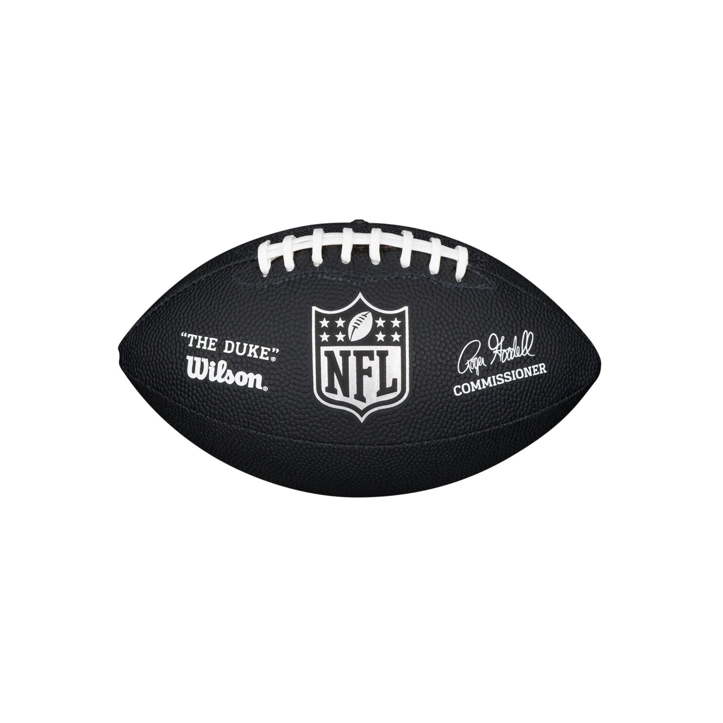 Wilson NFL Duke replica American football with black and white panels, featuring stitching and Wilson logo on the surface.