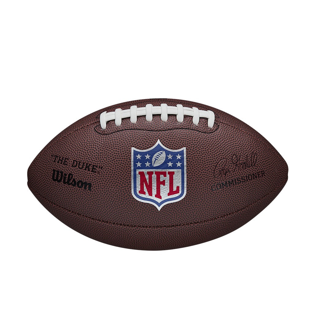 Wilson NFL Duke replica American football with brown leather surface, white laces, and Wilson branding visible.