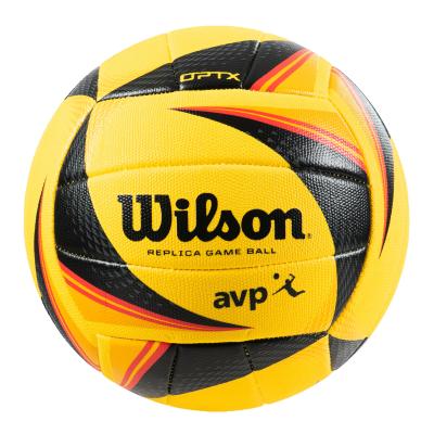 Wilson OPTX Replica AVP volleyball with bright orange and white panels, perfect for beach volleyball games.