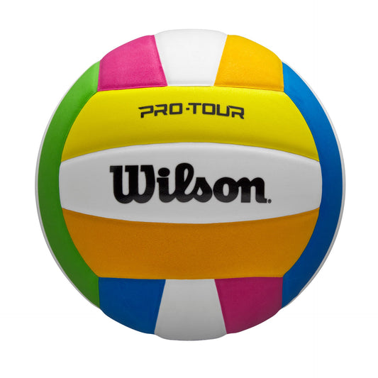 Wilson Pro Tour volleyball with bright orange and white panels, suitable for professional indoor volleyball play.