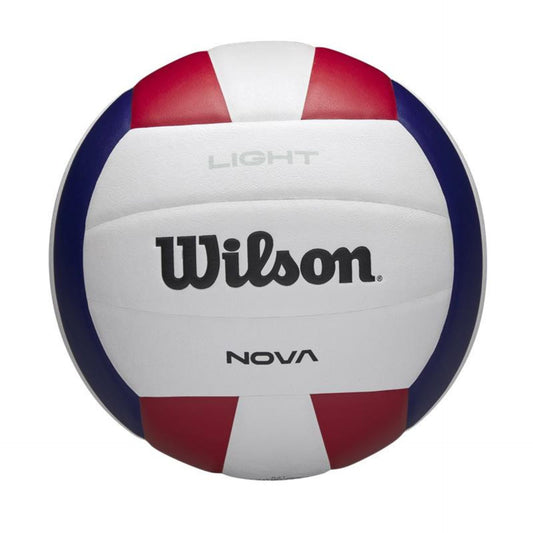 Wilson Nova Light volleyball with white and blue panels, ideal for indoor and outdoor volleyball games.