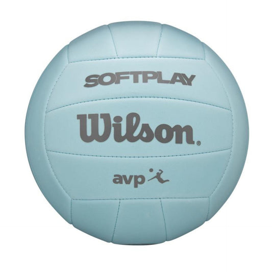 Wilson AVP Soft Play Volleyball resting on a court, designed for indoor beach volleyball training and casual play.