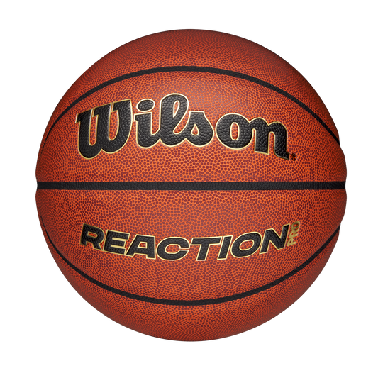 Wilson Reaction Pro Basketball V2 for indoor and outdoor use, featuring durable construction and textured surface for better grip.