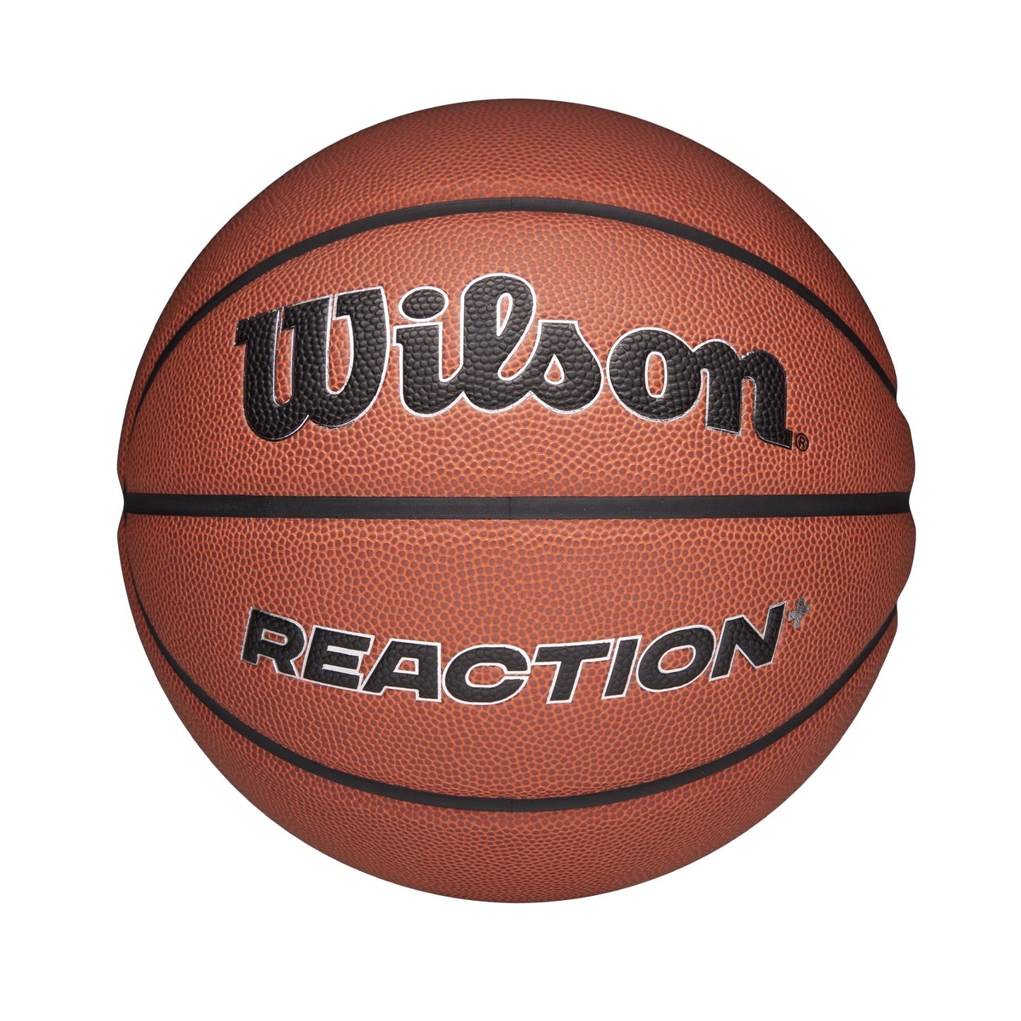 Wilson Reaction Plus basketball showing textured orange surface and black Wilson logo on a sporting goods court.