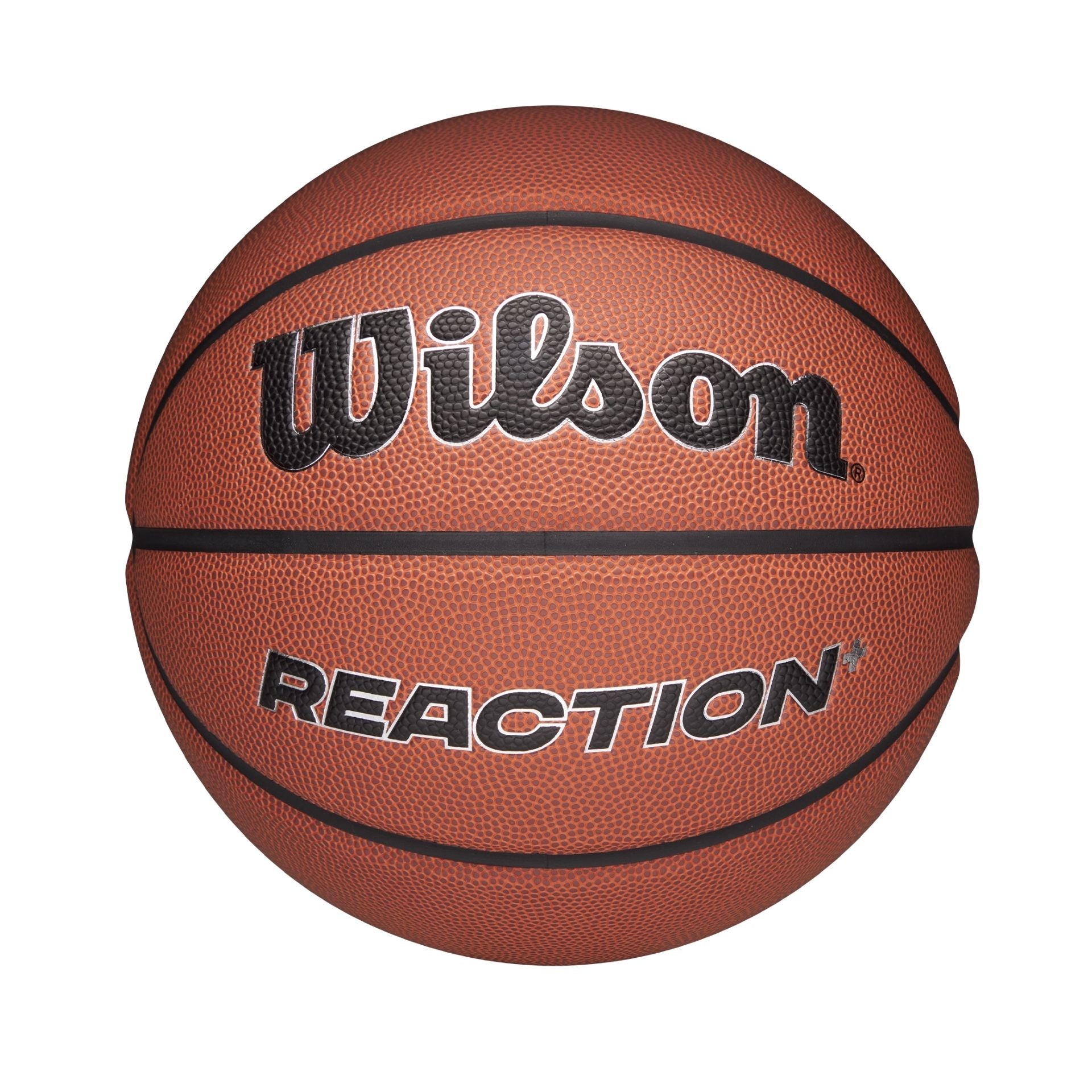 Wilson Reaction Plus basketball showing textured orange surface and black Wilson logo on a sporting goods court.