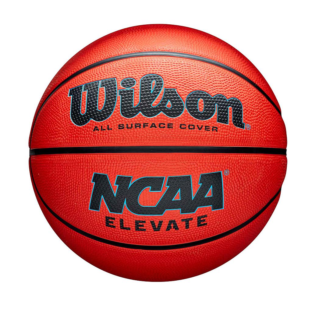 Wilson NCAA Elevate basketball with orange and black design, showing textured surface and brand logo for indoor or outdoor play.