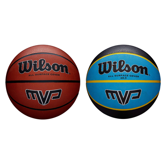 Wilson MVP Basketball V2 in orange with black accents, showing textured rubber surface and Wilson logo for sporting goods.
