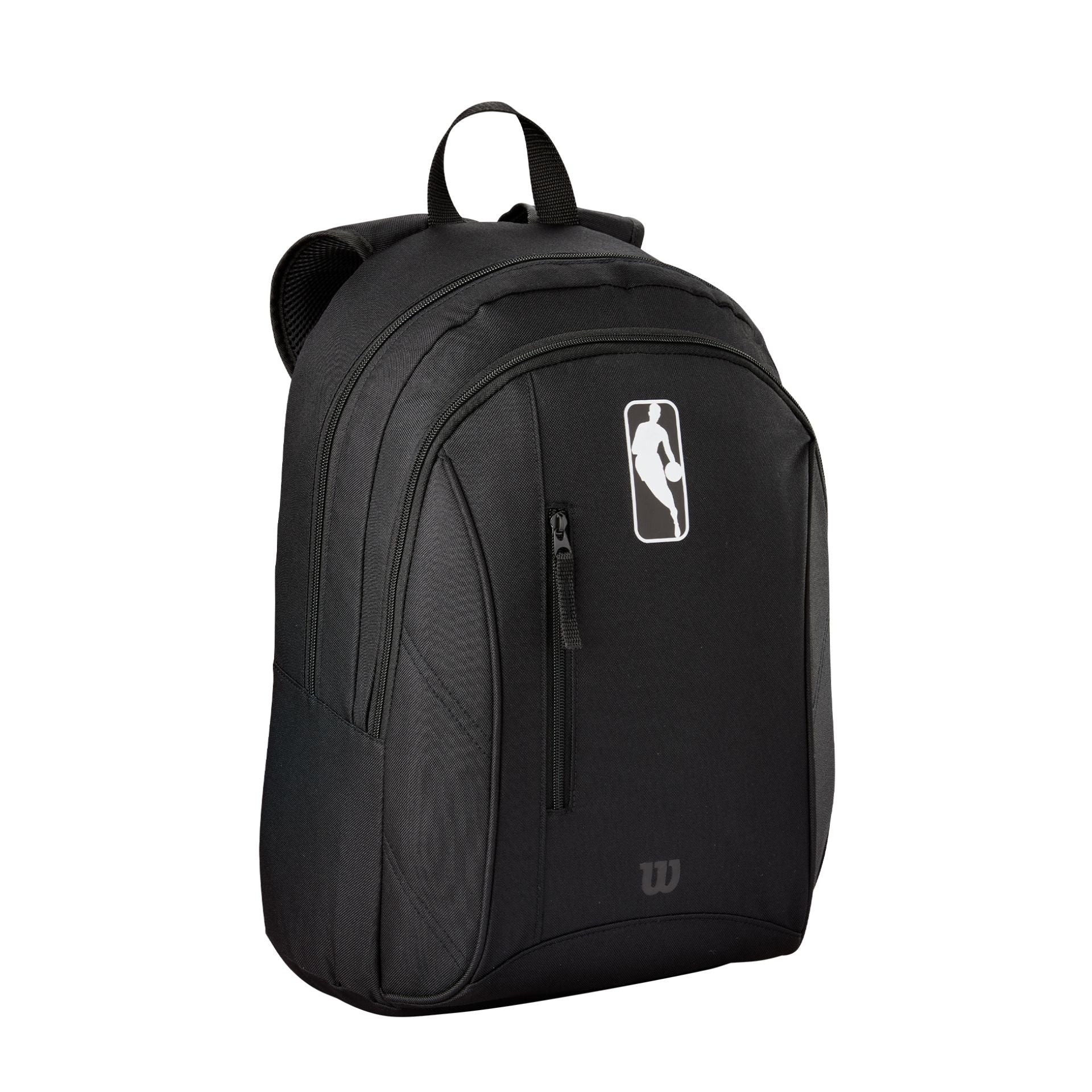 Wilson NBA backpack with sports storage compartments, featuring team logo and adjustable straps for basketball fans.