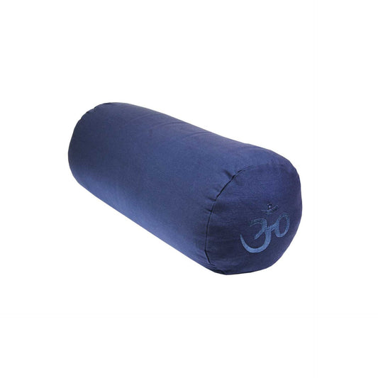 Blue Buckwheat Yoga Bolster by Fitness-Mad, cylindrical cushion for yoga and stretching exercises.