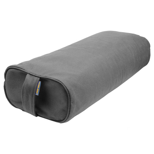 Gray rectangular buckwheat yoga bolster by Fitness-Mad, ideal for yoga and stretching exercises, made of durable fabric.