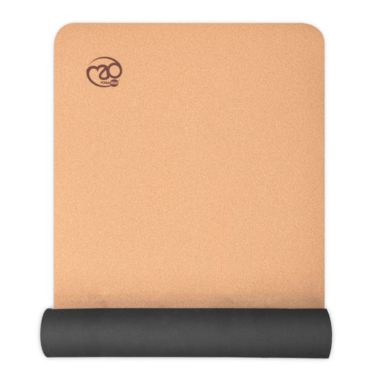 Fitness Mad Horizon cork yoga mat, 4mm thick, showing textured surface and natural cork material for yoga and fitness exercises.