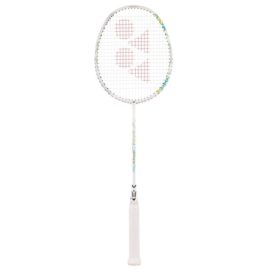 Yonex Astrox 02 Feel badminton racket with lightweight frame and orange accents, designed for powerful smashes and quick swings.