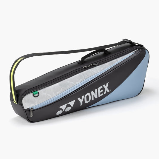 Yonex badminton club racquet bag with three compartments, black and red design, holding multiple racquets for convenient transport