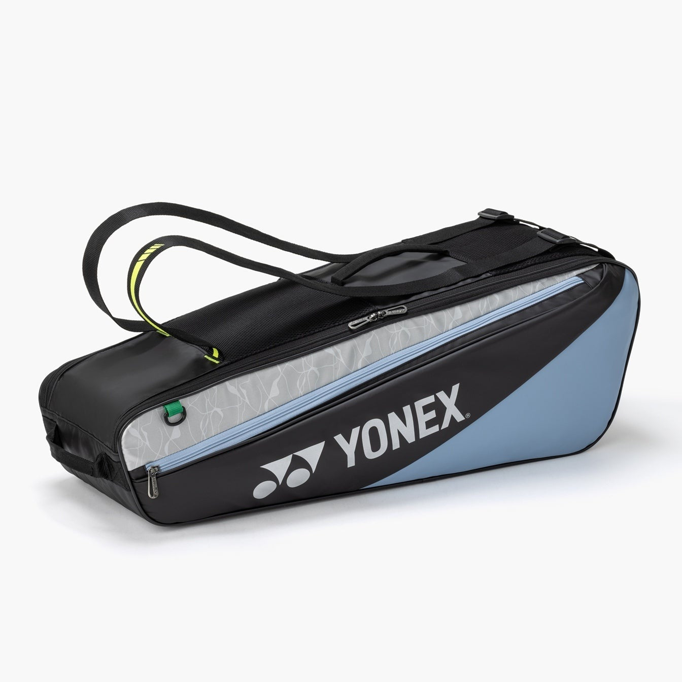 Yonex badminton club racquet bag with 6 compartments, black and red design, featuring multiple zippered pockets and carrying handles.