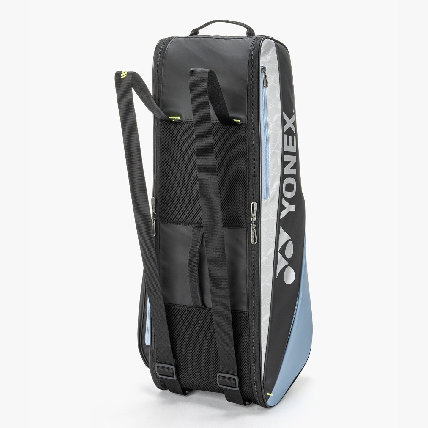 Yonex badminton club racquet bag with six compartments, black and red design, padded straps for easy carrying.