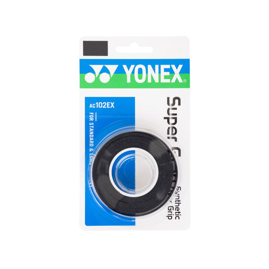 Black Yonex Wet Super Grap X3 badminton grip showing textured surface and branding for secure hold during play.