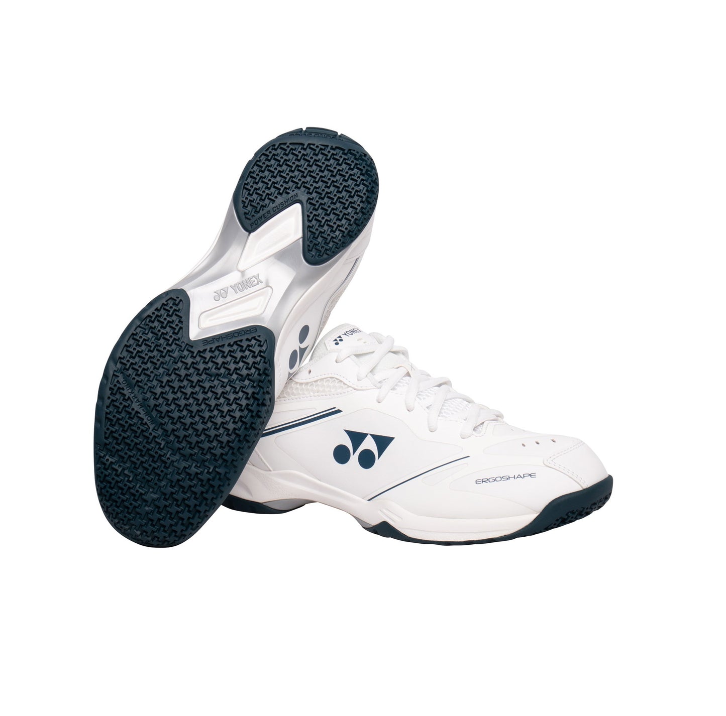 Yonex unisex badminton shoe 65 X with white and blue design, featuring cushioned sole and supportive upper for comfortable play.