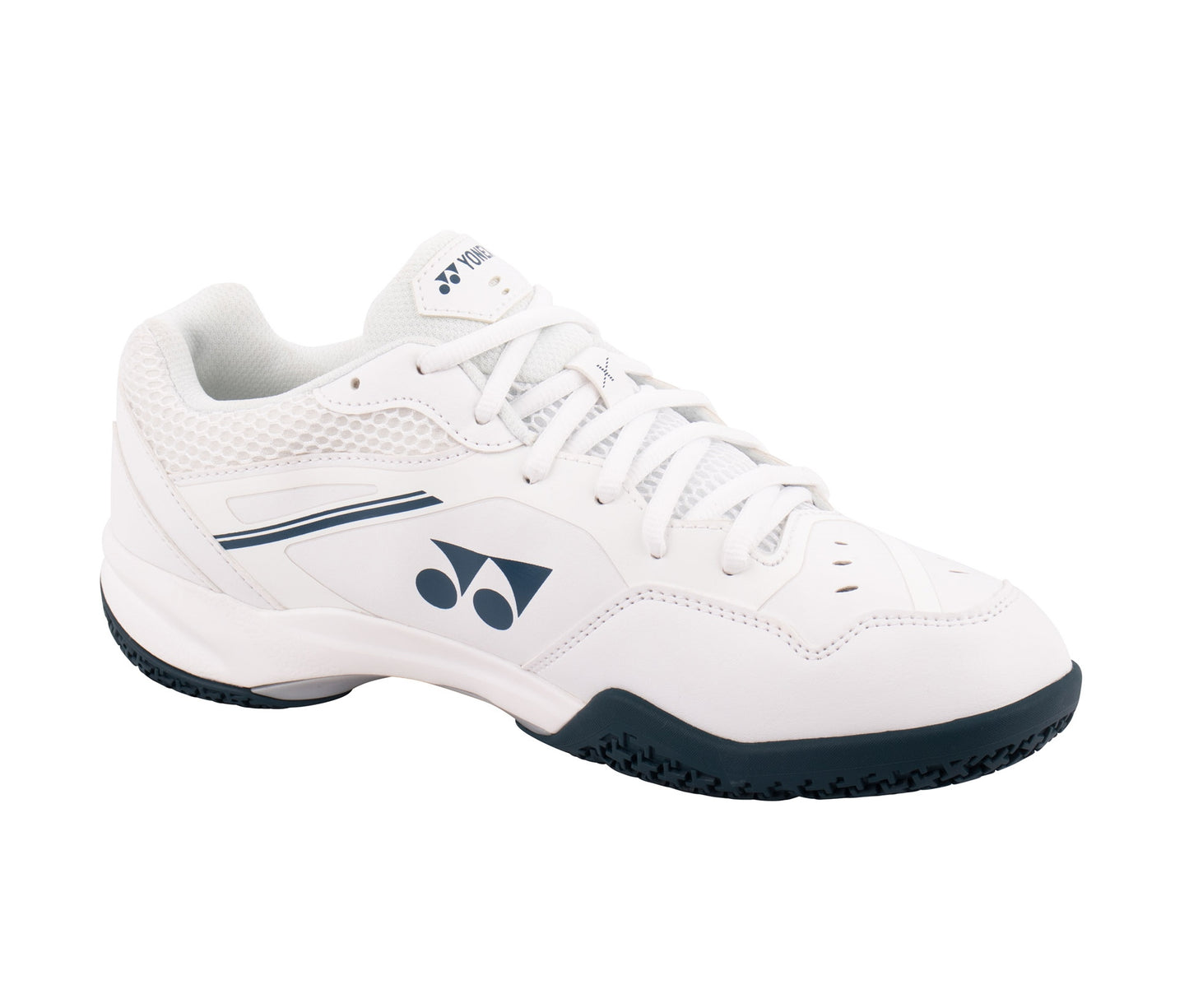Yonex unisex badminton shoe 65 X with white and black design, featuring cushioned sole and supportive upper for court play.