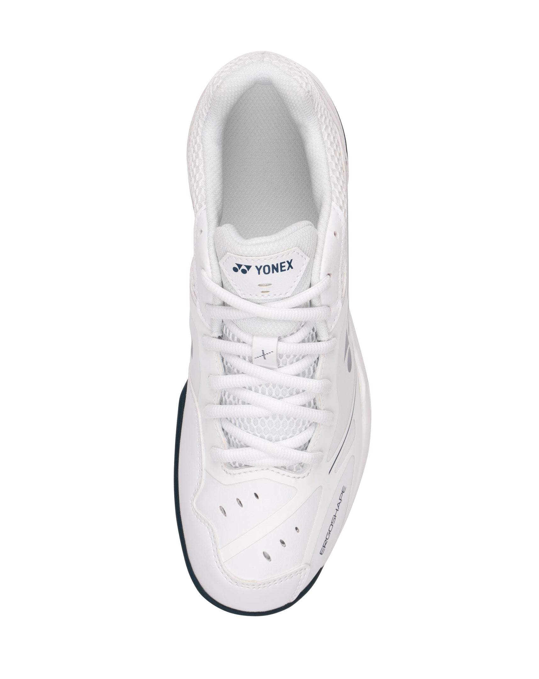 Yonex Unisex Badminton Shoe 65 X showing a lightweight athletic shoe with a white and blue design, suitable for badminton players.