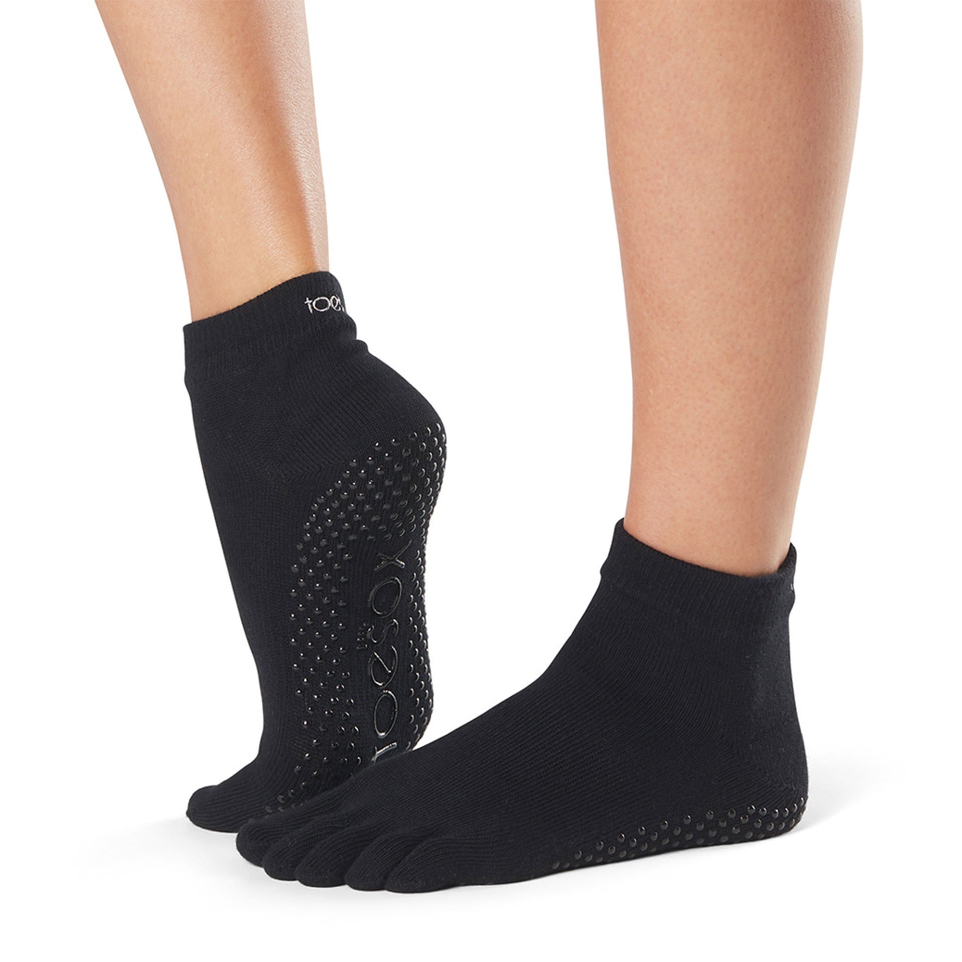 Black Toesox Full Toe Ankle Non-Slip Grip Socks by Fitness-Mad, designed for enhanced grip and comfort during exercise.