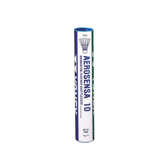 Yonex Aerosensa 10 feather shuttlecocks in a tube, high-quality badminton birdies with natural feathers and durable cork base.