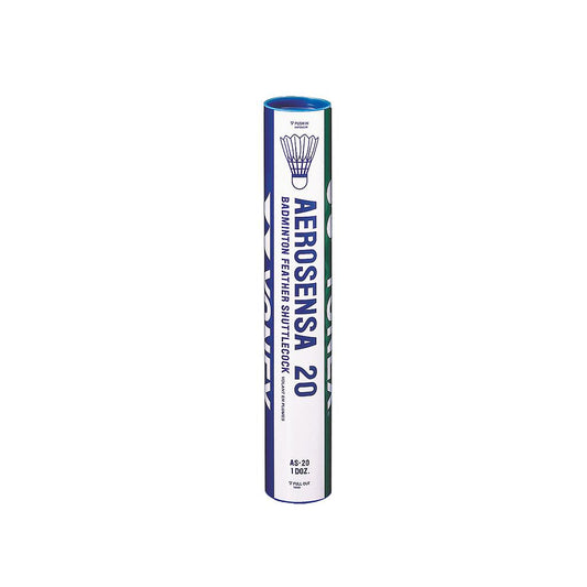 Yonex Aerosensa 20 shuttlecocks in a tube, suitable for badminton practice and matches, featuring durable feather design.