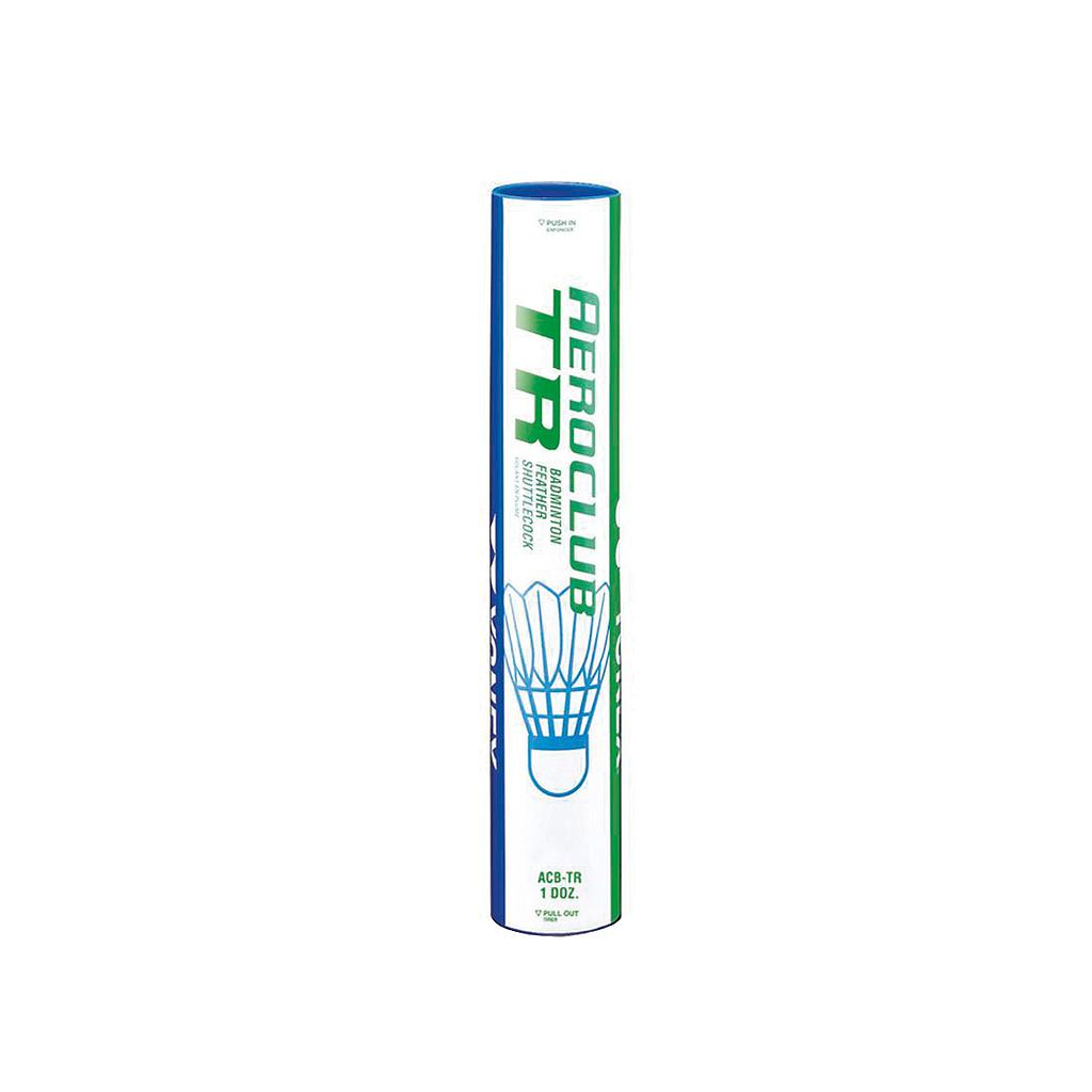 Yonex Aeroclub TR badminton shuttlecocks in a tube of 12, suitable for recreational and training play.