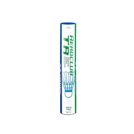 Yonex Aeroclub TR badminton shuttlecocks in a tube of 12, suitable for recreational and training play.