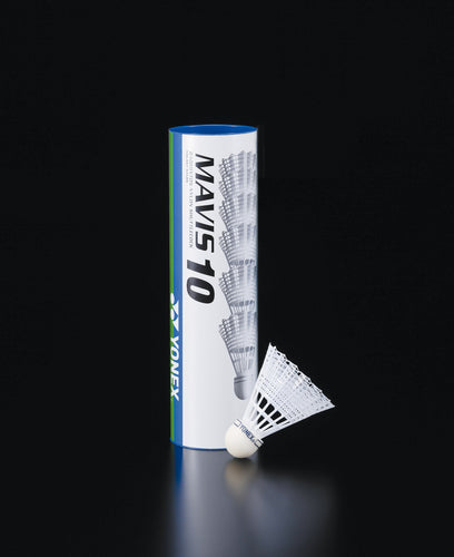 Yonex Mavis 10 Nylon Shuttlecocks in a tube of 6, durable sporting goods for badminton play.