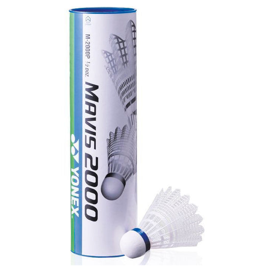Yonex Mavis 2000 nylon shuttlecocks in a tube of 6, designed for badminton practice and play, with durable nylon construction.