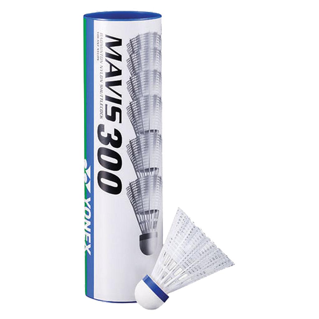 Yonex Mavis 300 Nylon Shuttlecocks, tube of 6, for badminton with white nylon feathers and plastic base, sporting goods accessory