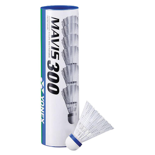 Yonex Mavis 300 Nylon Shuttlecocks, tube of 6, for badminton with white nylon feathers and plastic base, sporting goods accessory