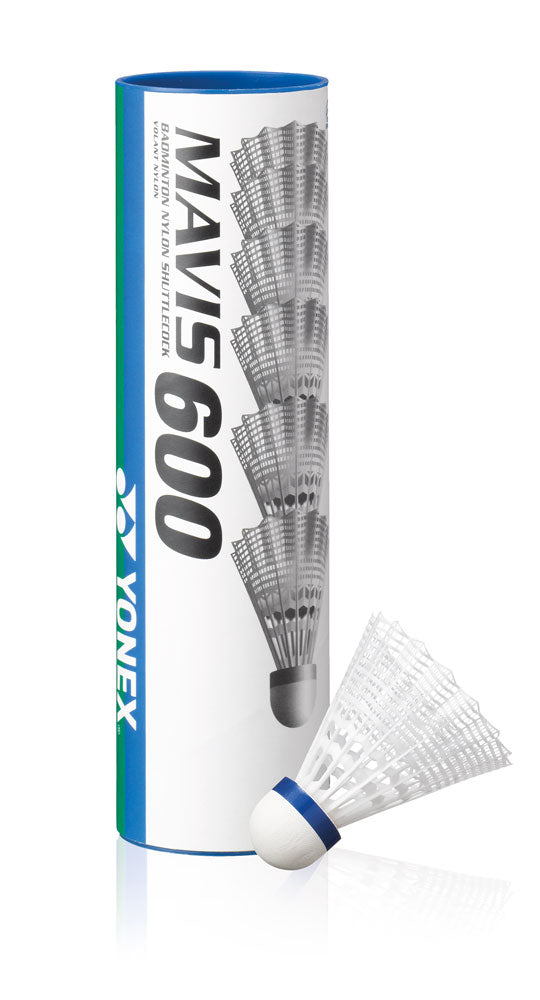 Yonex Mavis 600 Nylon Shuttlecocks in a tube of six, designed for badminton practice and matches.