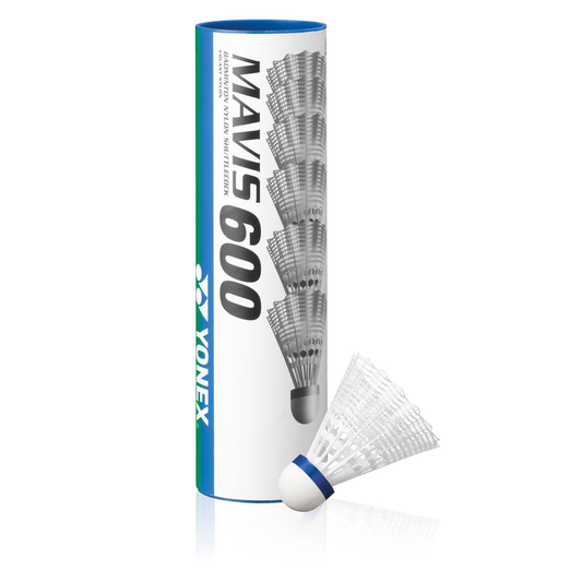 Yonex Mavis 600 nylon shuttlecocks in a tube of six, designed for badminton practice and play.
