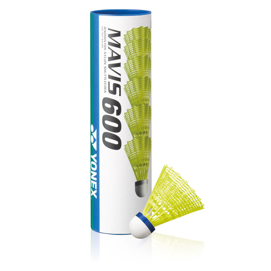 Yonex Mavis 600 nylon shuttlecock tube with six lightweight badminton shuttlecocks on a white background