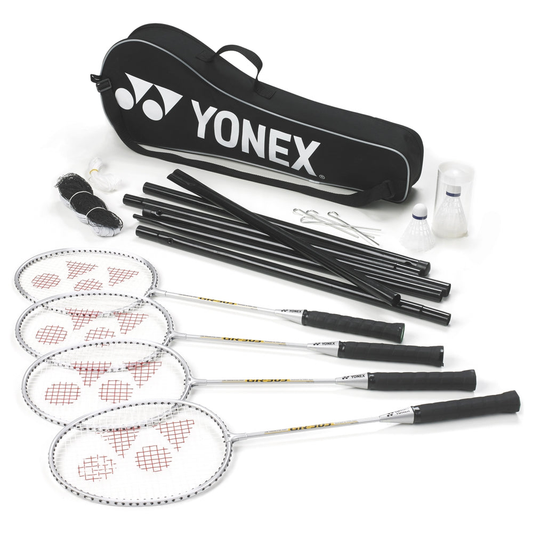 Yonex 4-player badminton set with rackets, shuttlecocks, and a net for outdoor or indoor play